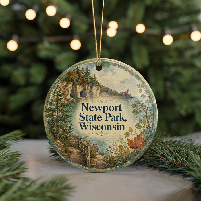 A round ornament with a scenic image of Newport State Park, Wisconsin, hanging from a string.