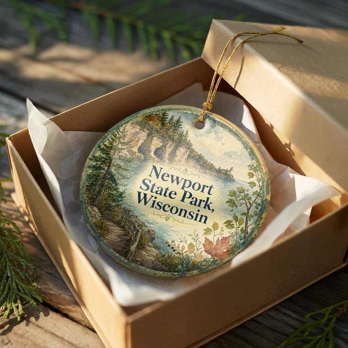 A decorative ornament in a brown box, featuring a scenic landscape with a river and trees, with the text "Newport State Park, Wisconsin" printed on it.