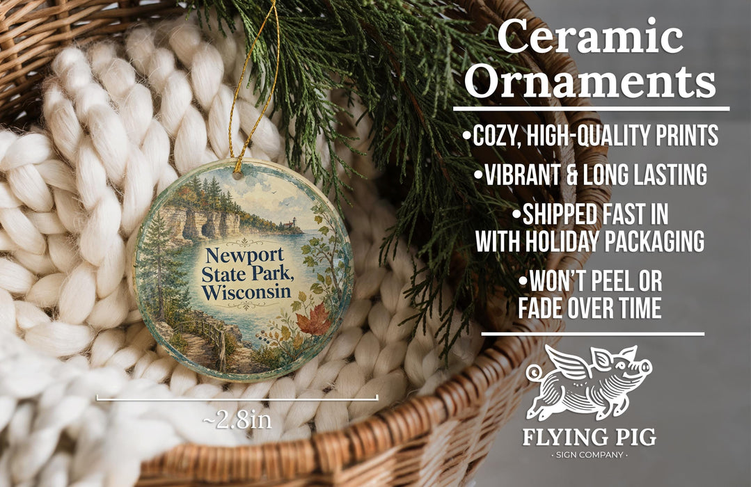 Ceramic ornaments, including a Newport State Park, Wisconsin ornament, are displayed in a woven basket.