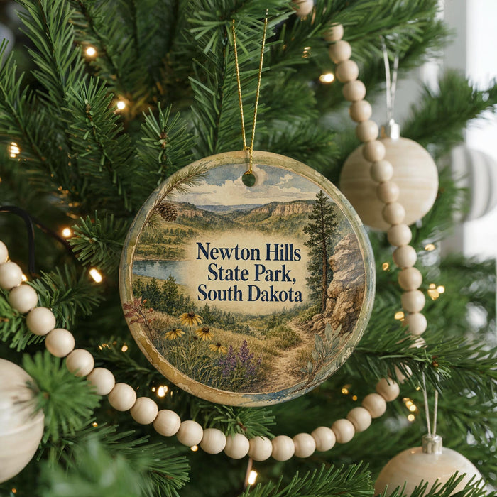 A Christmas tree decorated with ornaments, including a circular ornament with a scenic landscape of Newton Hills State Park, South Dakota, and a beaded ornament.