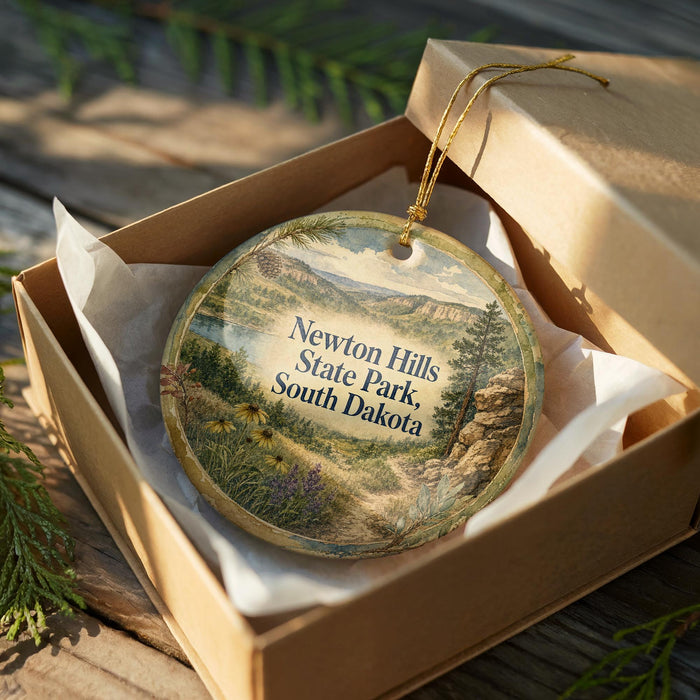 A round ornament in a brown box, featuring a scenic landscape with mountains, trees, and a winding path, with the text "Newton Hills State Park, South Dakota" printed on it.