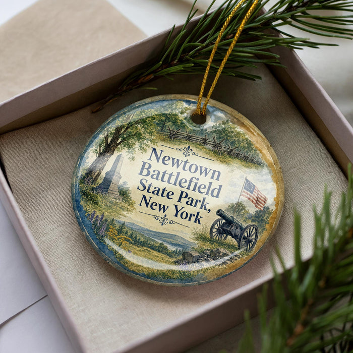 A decorative ornament in a box, featuring a scenic landscape with a cannon, trees, and a state park.