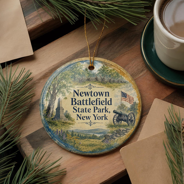 A decorative ornament featuring a scenic landscape with a monument, trees, and a cannon, hanging on a wooden surface.