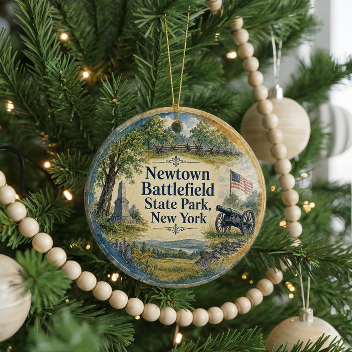 A round ornament hanging on a Christmas tree, featuring a scenic landscape with a monument and a cannon, surrounded by a beaded garland.