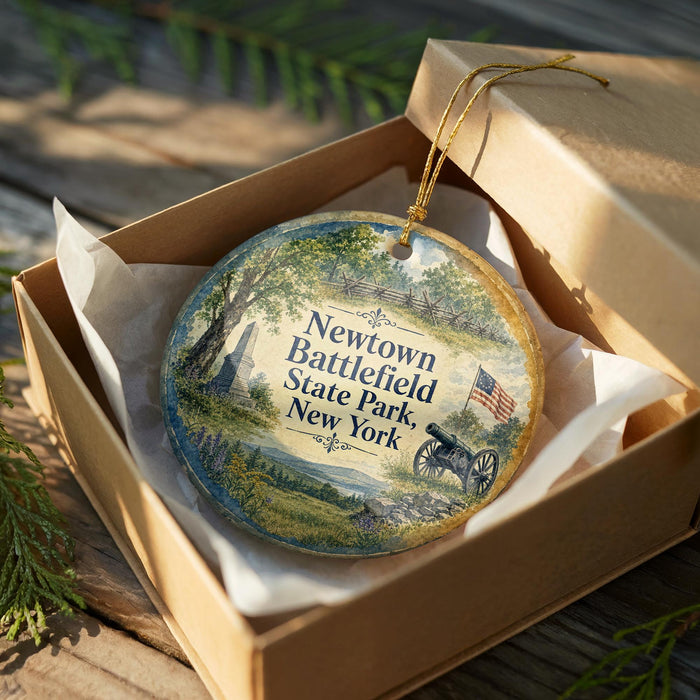A decorative ornament in a wooden box, featuring a scenic landscape with a cannon and a state park.
