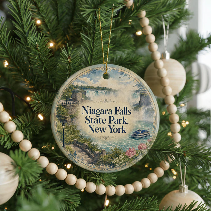 A round ornament hanging on a Christmas tree, featuring a scenic image of Niagara Falls State Park in New York.