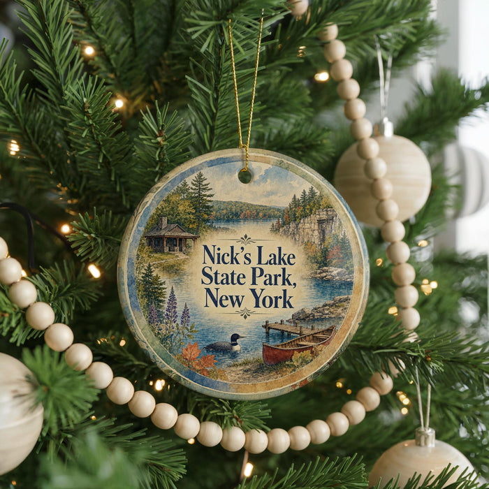 A round ornament hanging on a Christmas tree, featuring a scenic image of Nick's Lake State Park, New York.