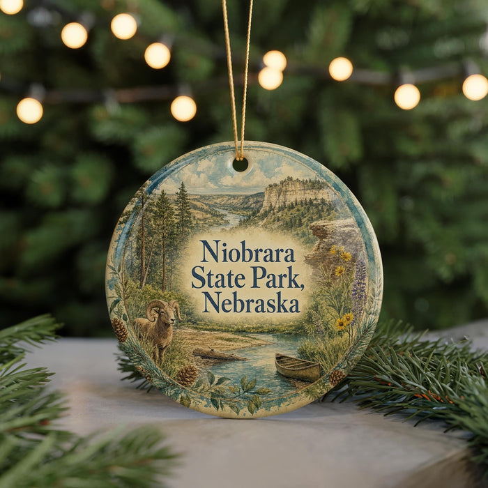 A decorative ornament featuring a scenic landscape of Niobrara State Park, Nebraska, with a river, mountains, and wildlife.