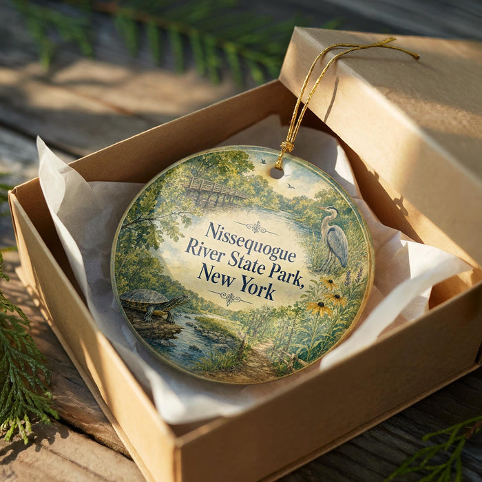 A decorative ornament in a box, featuring a scenic image of Nissequogue River State Park in New York.