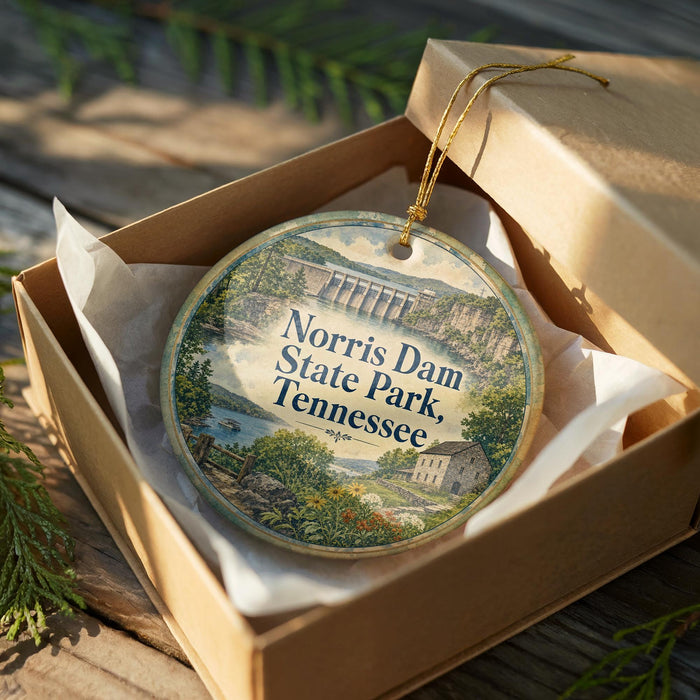 A decorative ornament in a box, featuring a scenic image of a park with a river and buildings, with the text "NORRIS DAM STATE PARK TENNESSEE" printed on it.