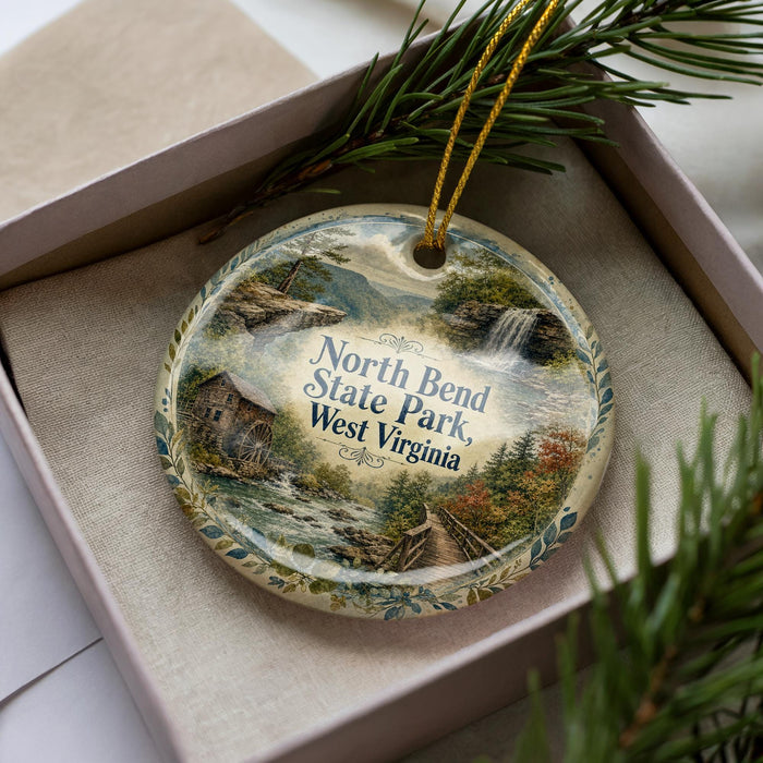 A decorative ornament with a scenic landscape of North Bend State Park, West Virginia, featuring a waterfall and a cabin.