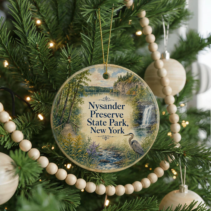 A round ornament hanging on a Christmas tree, featuring a scenic image of a waterfall surrounded by lush greenery.