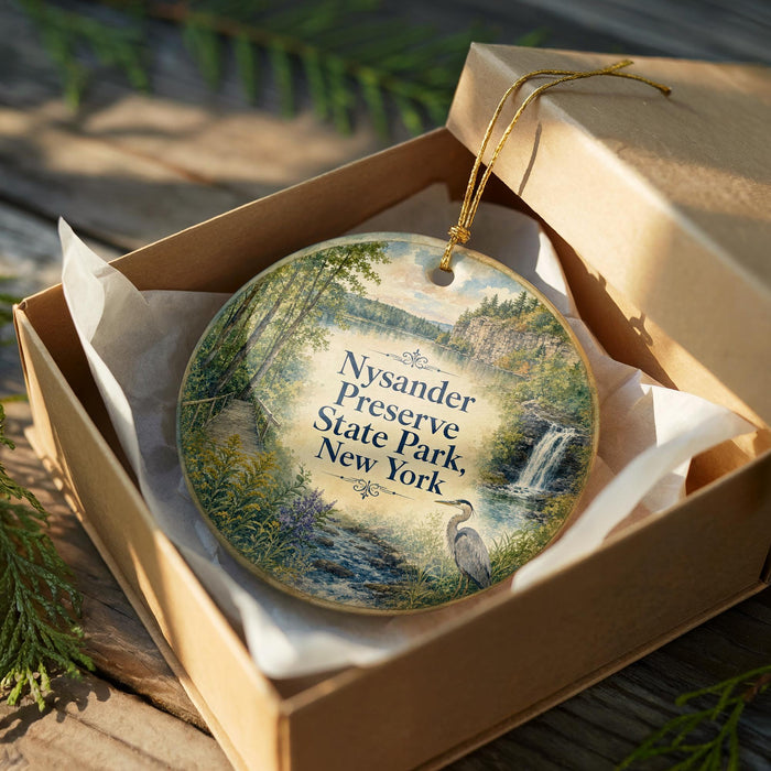 A decorative ornament in a wooden box, featuring a scenic landscape with a waterfall and greenery.