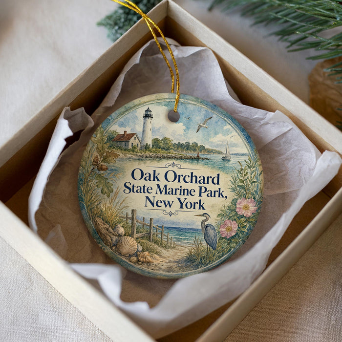 A decorative ornament in a box, featuring a lighthouse and a coastal scene, with the text "Oak Orchard State Marine Park, New York" printed on it.