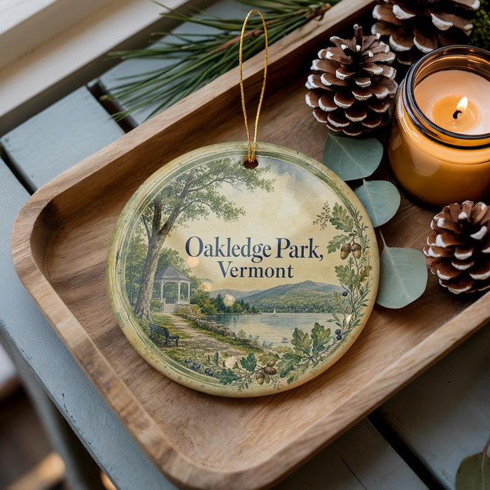 A decorative ornament with a scenic view of Oakledge Park in Vermont, featuring a path leading to a gazebo, surrounded by pine cones and a lit candle.