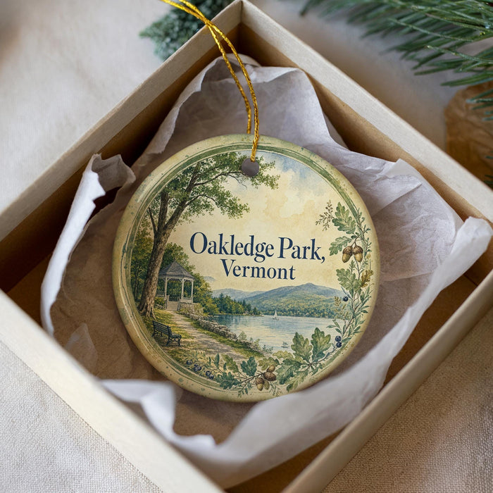 A decorative ornament in a box, featuring a scenic landscape with a lake, trees, and a gazebo, with the text "Oakledge Park, Vermont" printed on it.