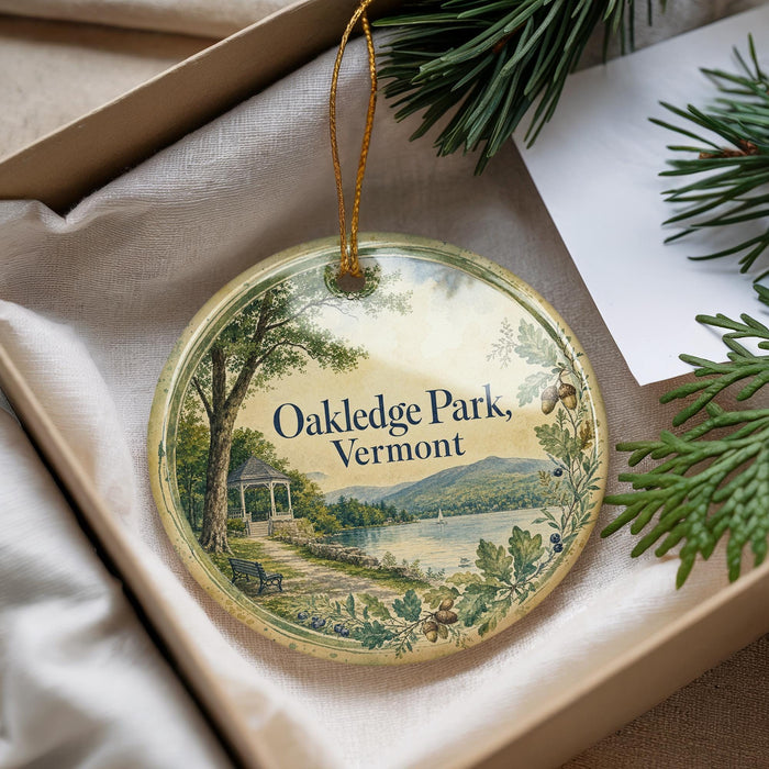 A decorative ornament with a scenic landscape of Oakledge Park in Vermont, featuring a gazebo, a lake, and mountains.