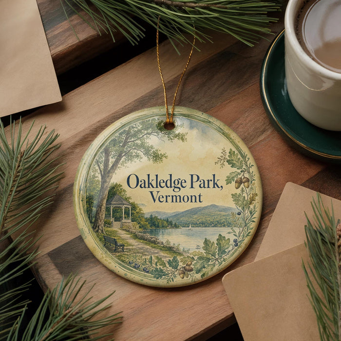 A decorative ornament with a scenic landscape of Oakledge Park in Vermont, featuring a gazebo, trees, and a lake, is displayed on a wooden surface alongside a cup of coffee and some papers.