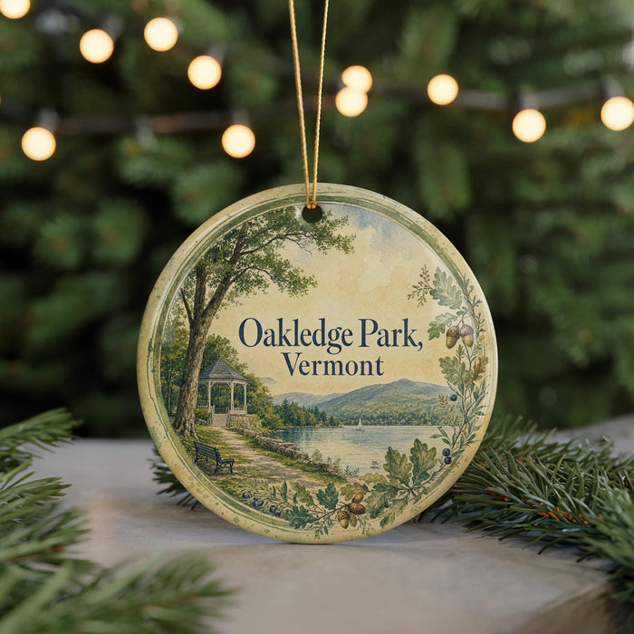 A round ornament with a scenic landscape of Oakledge Park, Vermont, featuring a gazebo, a lake, and mountains in the background.