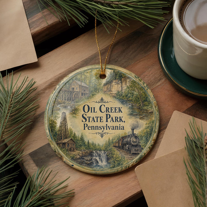 A decorative ornament featuring illustrations of Pennsylvania State Park, including a train, a waterfall, and a cabin, is displayed on a wooden surface alongside a cup of coffee and some pine branches.