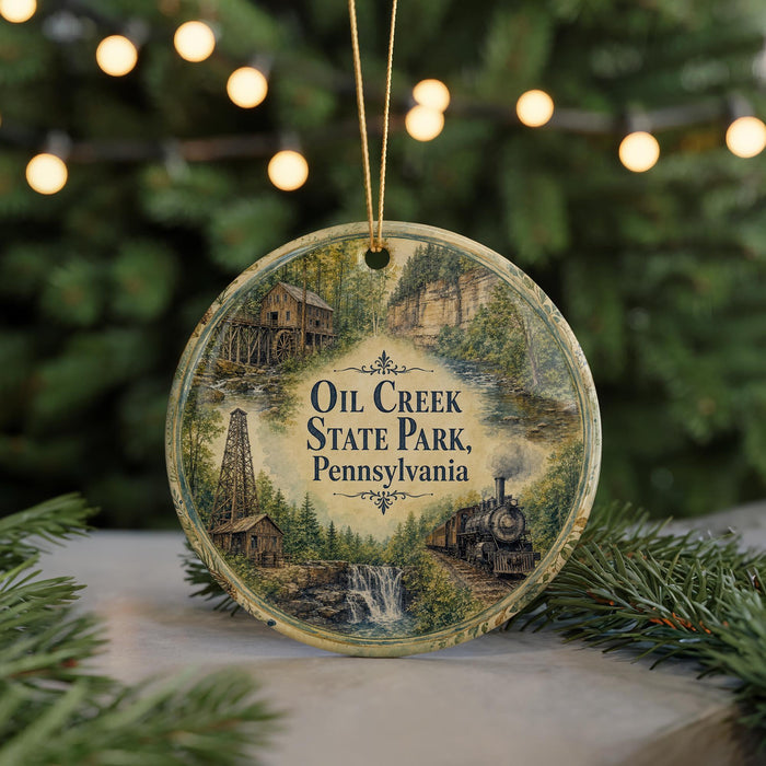 A round ornament with a painting of a train, a building, and a waterfall, surrounded by greenery and a string of lights.