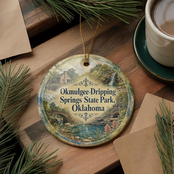 A decorative ornament with a scenic image of Okmulgee Springs State Park in Oklahoma, featuring a waterfall and a bridge. The ornament is hanging on a wooden surface, surrounded by pine branches and a cup of coffee.