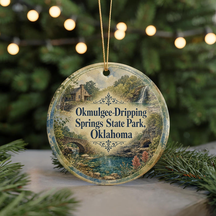 A circular ornament with a scenic landscape of Okmulgee Drip Springs State Park in Oklahoma, featuring a waterfall and a bridge.
