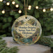 A circular ornament with a scenic landscape of Okmulgee Drip Springs State Park in Oklahoma, featuring a waterfall and a bridge.