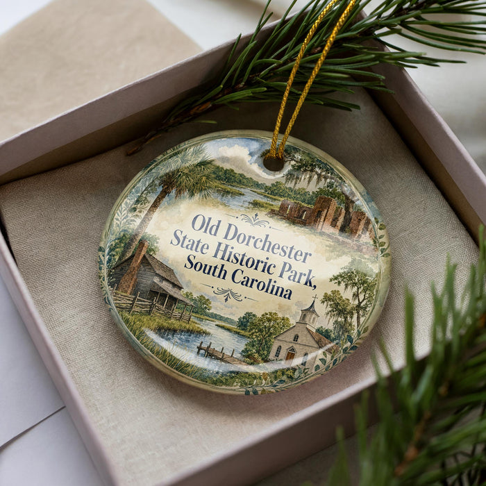 A decorative ornament with a scenic image of Old Dorchester State Historic Park, South Carolina, displayed in a box with pine branches.
