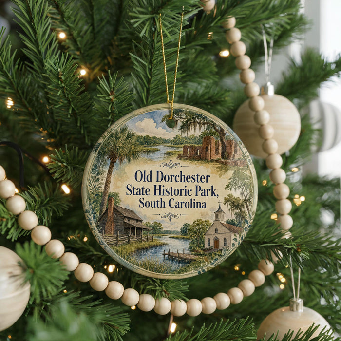 A round ornament hanging on a Christmas tree, featuring a scenic image of Old Dorchester State Historic Park, South Carolina.