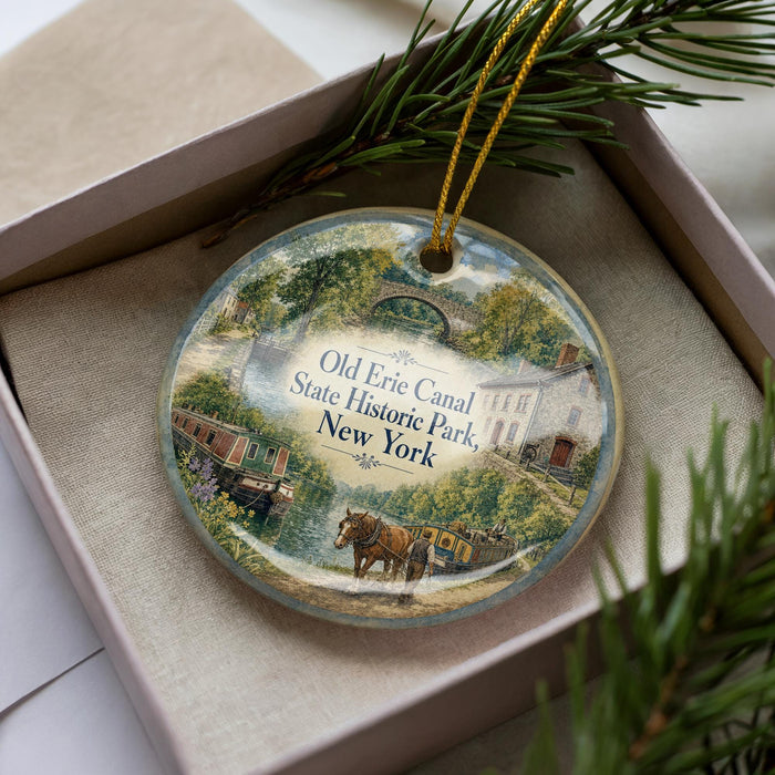 A decorative ornament in a box, featuring a scenic image of the Old Erie Canal and historic park in New York.