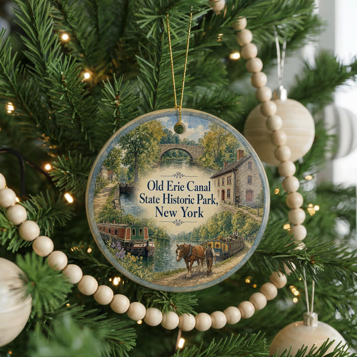 A round ornament hanging on a Christmas tree, featuring a scenic image of the Old Erie Canal and historic park in New York.