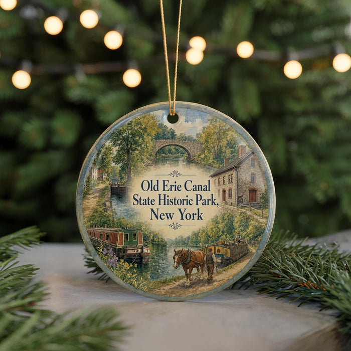 A round ornament featuring a scenic image of the Old Erie Canal in New York, with a horse and carriage in the foreground and a bridge in the background.