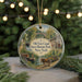 A round ornament featuring a scenic image of the Old Erie Canal in New York, with a horse and carriage in the foreground and a bridge in the background.