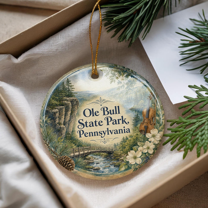 A decorative ornament with a scenic landscape of Ole Bull State Park, Pennsylvania, featuring a bridge, pine trees, and a river.