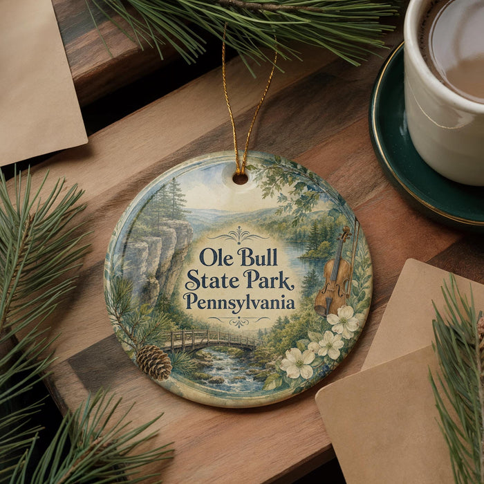 A decorative ornament featuring a scenic landscape of Ole Bull State Park in Pennsylvania, with pine branches and a cup of coffee nearby.
