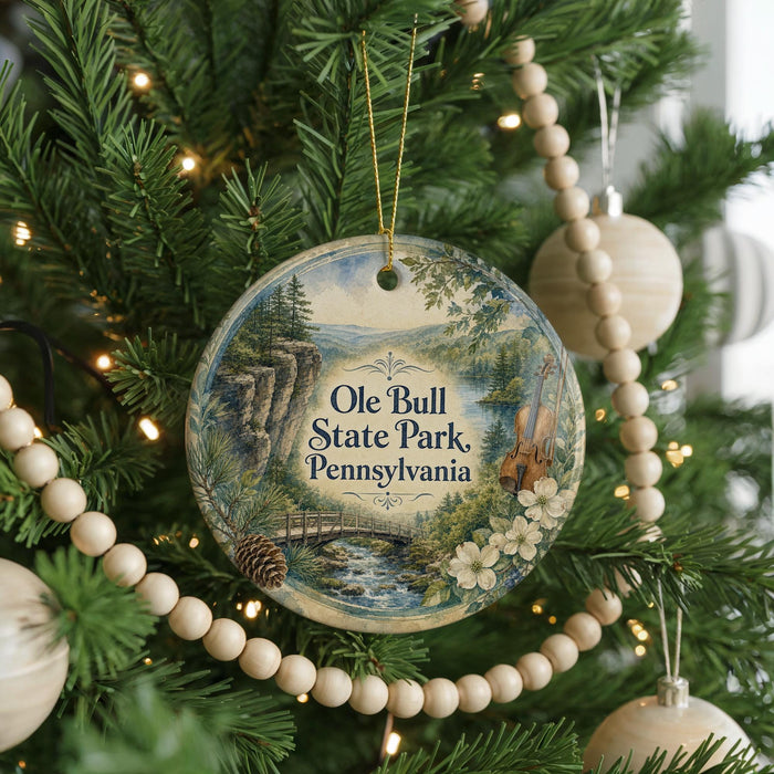 A round ornament hanging on a Christmas tree, featuring a scenic landscape with a river, mountains, and pine trees.