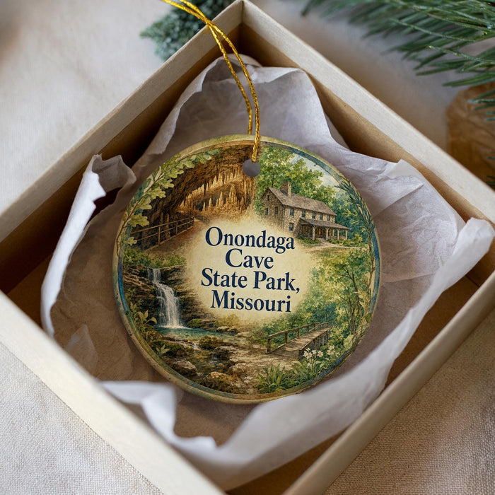 A decorative ornament in a box, featuring a scenic image of Onondaga Cave State Park in Missouri.