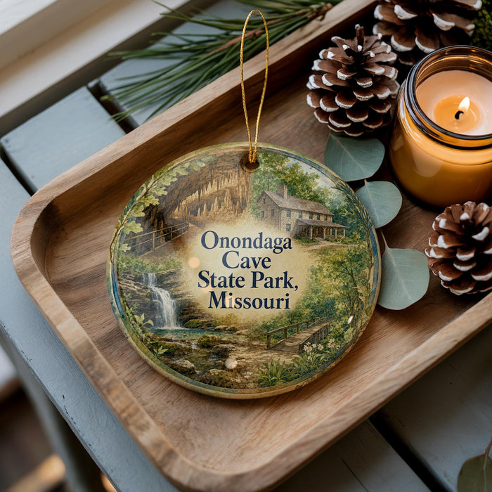 A decorative ornament featuring a scenic image of Onondaga Cave State Park, Missouri, with pine cones and a lit candle on a wooden tray.