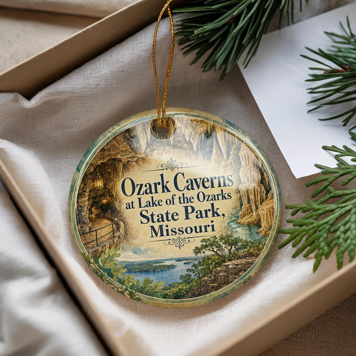 A decorative ornament with a scenic image of the Ozark Caves at Lake of the Ozarks State Park, Missouri, hanging from a string.