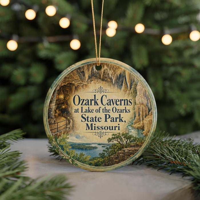 A round ornament with a scenic image of Ozark Caves at Lake of the Ozarks, located in Missouri.
