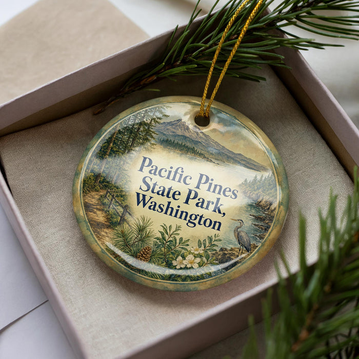 A decorative ornament with a scenic image of Pacific Pines State Park in Washington, featuring pine trees, mountains, and a bird.