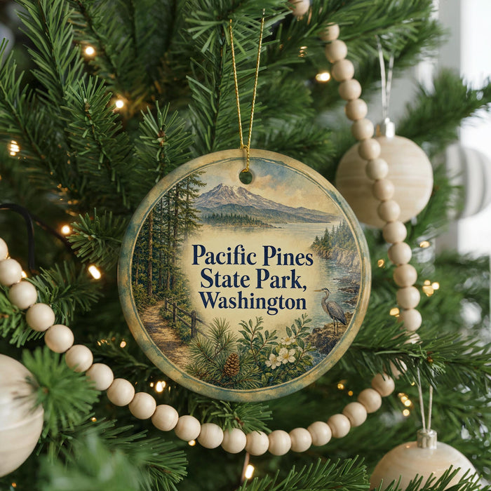A round ornament hanging on a Christmas tree, featuring a scenic image of Pacific Pines State Park in Washington.