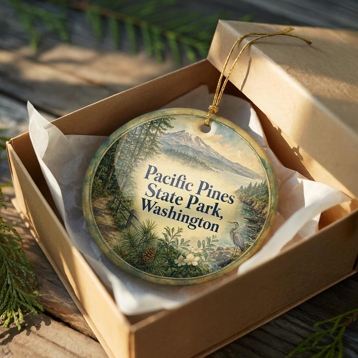 A decorative ornament in a wooden box, featuring a scenic image of Pacific Pines State Park in Washington.