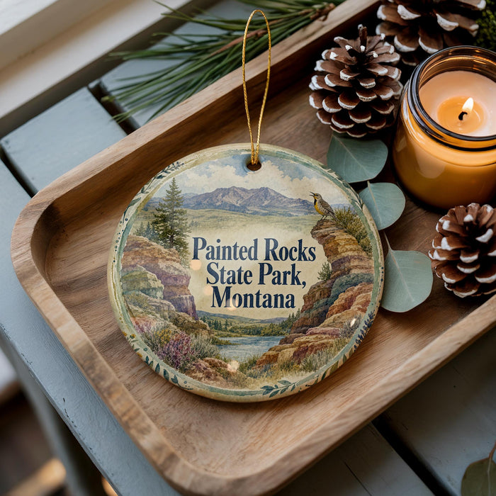 A wooden tray with a decorative ornament featuring a scenic landscape of Painted Rocks State Park, Montana, and pine cones.