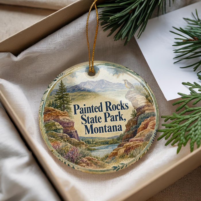 A decorative ornament with a scenic landscape of Painted Rocks State Park, Montana, hanging from a string.