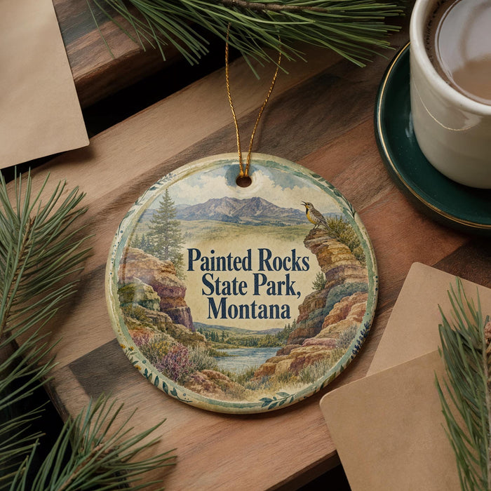 A decorative ornament featuring a scenic landscape of Painted Rocks State Park, Montana, with a bird perched on a rock. The ornament is placed on a wooden surface, surrounded by pine branches and a cup of coffee.