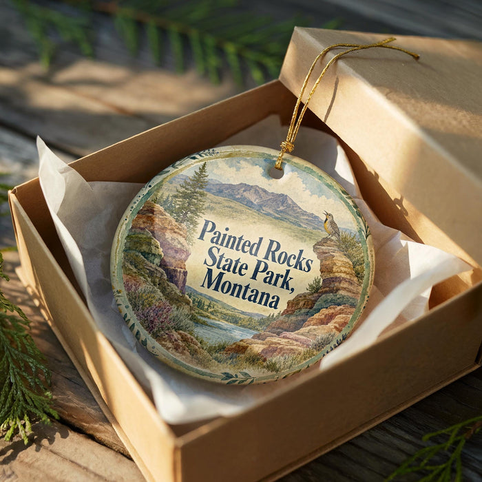 A decorative ornament in a box, featuring a scenic landscape with mountains and a river.