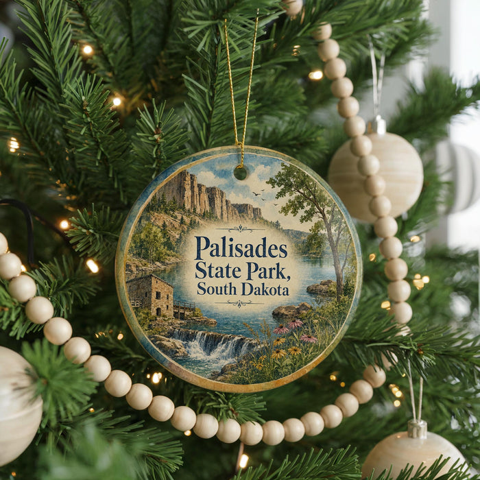 A Christmas tree ornament featuring a scenic image of Palisades State Park in South Dakota.
