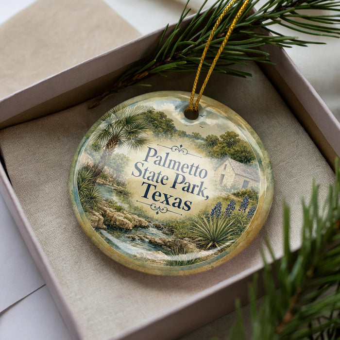 A decorative ornament in a box, featuring a scenic landscape with palm trees, a house, and a river.